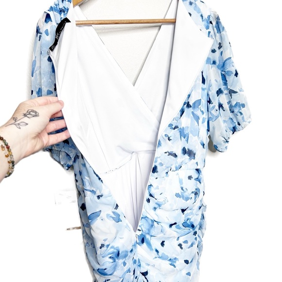 New with Tags Be By Chetta B Women's Ivory Navy Fitted Mini Ruched Ruffle Dress - Picture 11 of 16